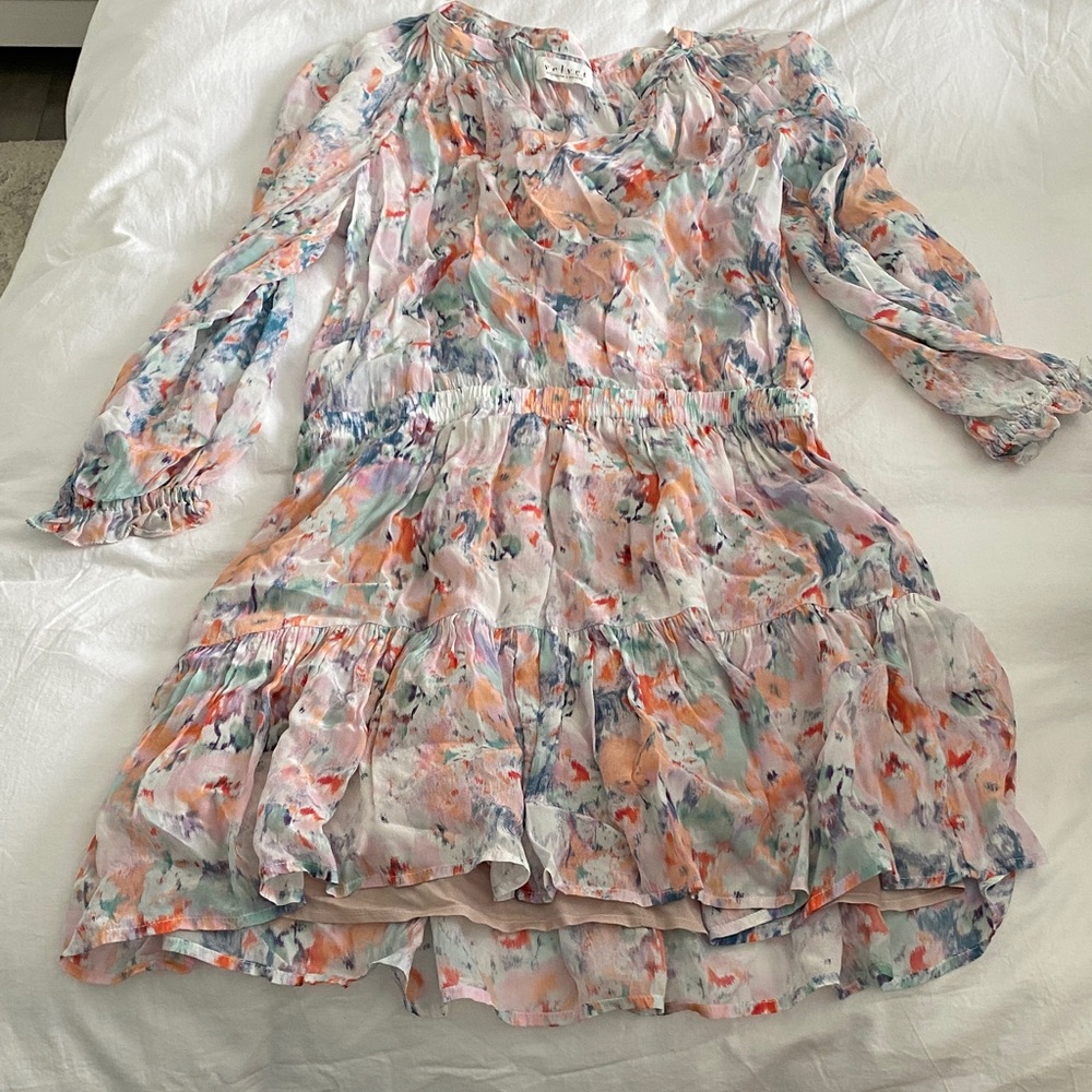 Velvet by Graham & Spencer Girls' Watercolor Floral Tiered Dress - Peach & Mint